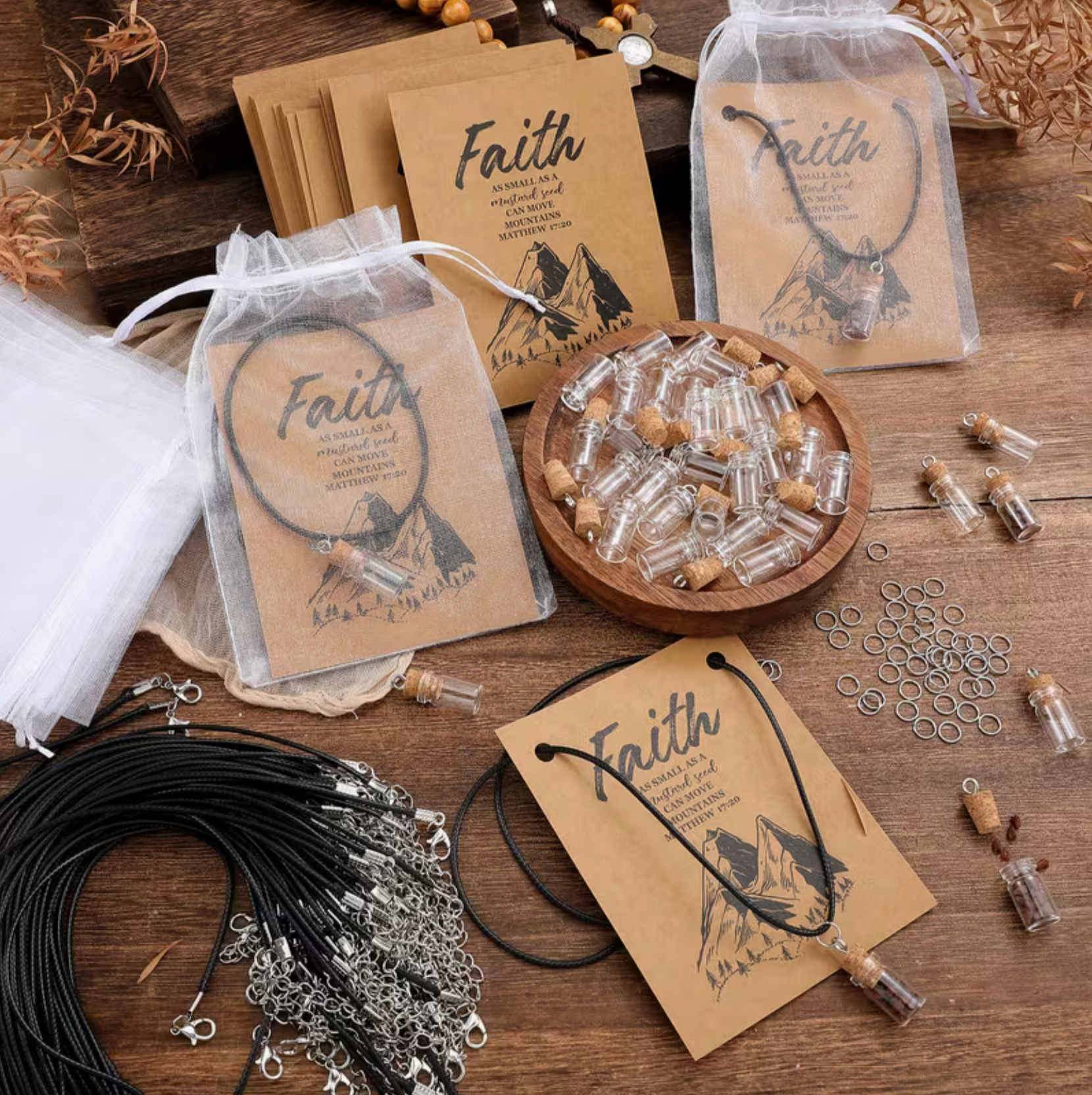 FAITH Mustard Seed Necklace components including glass bottle pendants and cords