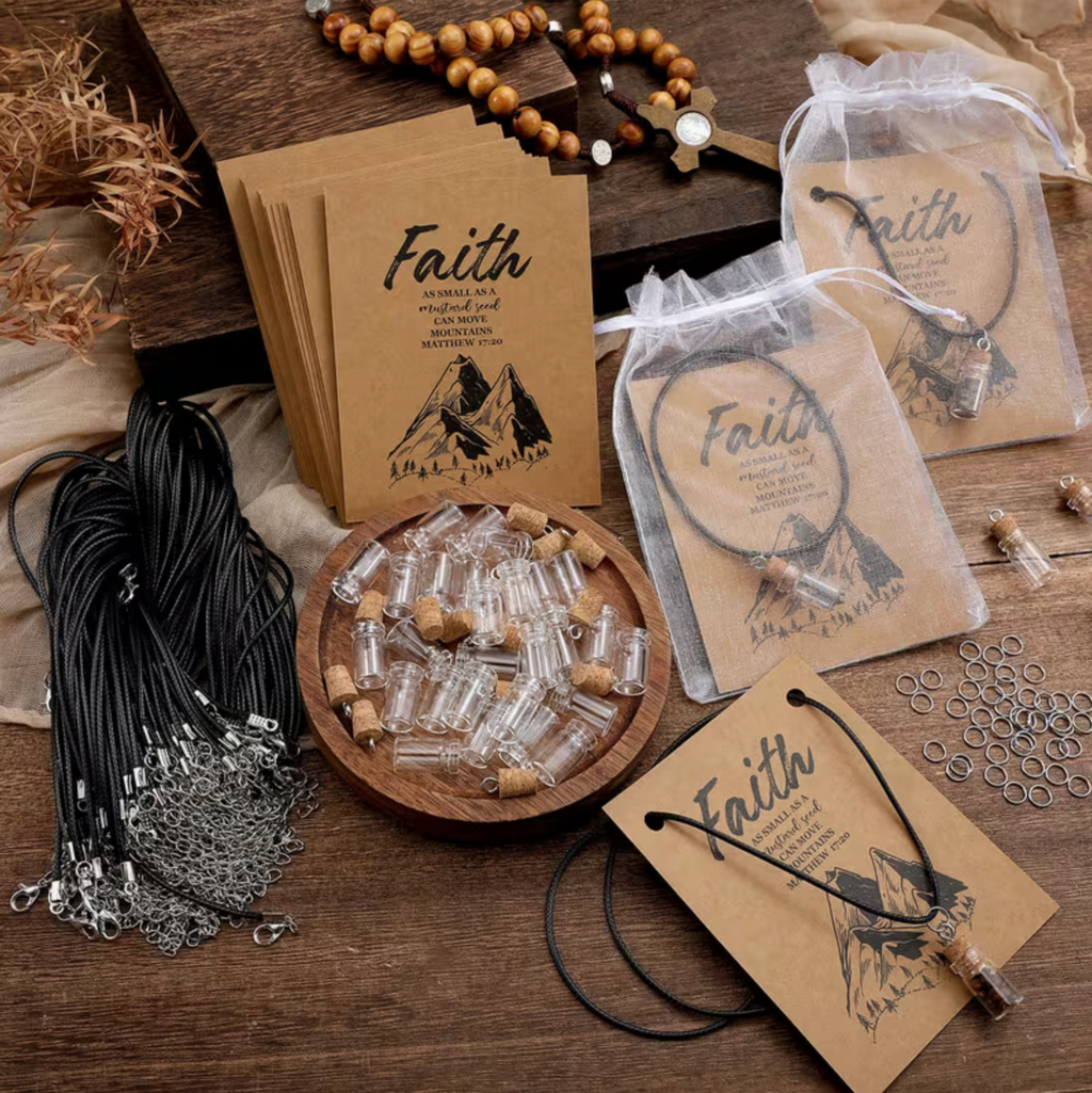 FAITH Mustard Seed Necklace packaging with scripture card and organza bag